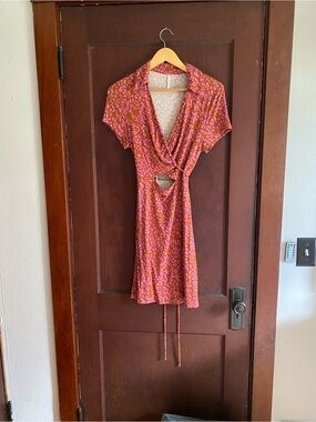 Free People Pink and Orange Floral Wrap-Style Mini Dress
